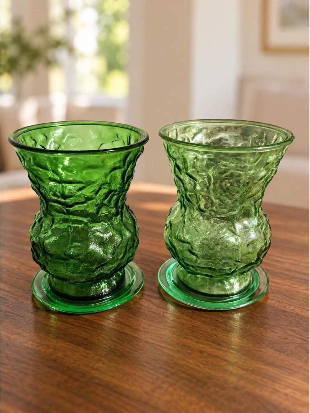 Vintage E.O. Brody Green Glass Vase Pair Textured Mid Century USA MCM